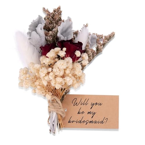 Mini Bouquet Proposal Gifts for Bridesmaid - Dried Rose with Baby's Breath, Natural Dried Flowers Decor for Bridesmaids Proposal Box, Romantic Wedding Keepsake for Bridal Shower Bachelorette Party - style: rose