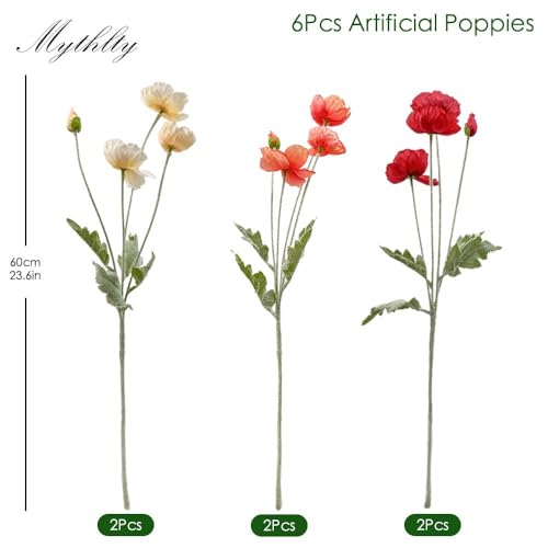 Set of 6 Red Coral Pink and Champagne Mixed Poppy Flowers Artificial, Silk Flowers with Stems for Vase for Wedding Party Home Office Indoor Kitchen Dining Table Centerpiece Decoration - color: Red Coral Champagne