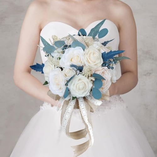 MOJUN Wedding Bouquets for Bride Bridesmaid Bouquet Dusty Blue Artificial Roses Flowers for Wedding Bridal Shower Valentine's Day Party Church Home Decoration - color: Dusty Blue Bouquet a