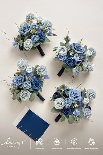 Ling's moment Artificial Bridesmaid Bouquets Set of 4,Navy Blue Wedding Flower Bouquets Dusty Blue Rose Floral Bouquet Bridal Bouquets with Ribbon,Ceremony,Anniversary,7-inch Diameter - color: Blu-navy Blue & Dusty Blue