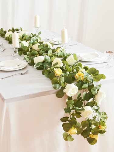 MISSPIN 2pcs Artificial Flowers Garland Spring Eucalyptus Garland Vintage Fake Flower Peony Rose Vine Greenery Decorative Wall Hanging Plant for Wedding Arch Door Arrangement Party Decor - color: Ginger,2