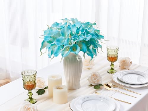 24 Pcs Artificial Calla Lily Flowers Fake Silk Flowers Real Touch for Wedding Bouquet Office Home Kitchen Decor (Peacock Blue) - color: Peacock-blue