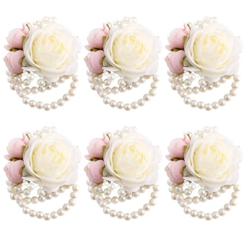 Wrist Corsages Set of 6 for Wedding Bridal Bride Bridesmaid Artificial Hand Flower Corsage Wristlet Band Homecoming Graduation Prom Party Ivory and Pink - color: Ivory & Pink Corsages (6pcs)