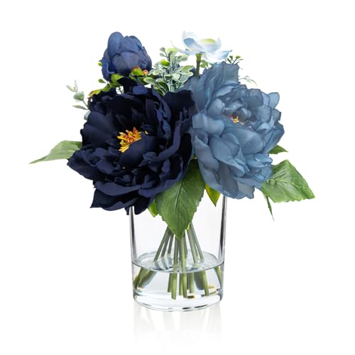 WELL KNOWN Artificial Flowers in Glass Vase with Fake Water, Silk Peony Flower Bouquet for Home Dinning Tea Table, Office Desktop, Hotel, Wedding, Party, Lavatory Decor & Gift (Navy Blue & Light Blue) - color: Navy Blue & Light Blue