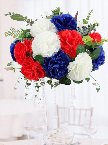 108pcs Carnation Head with Stem, Red Blue White Artificial Carnations Flowers, 3.5" Silk Carnation Fake Flower Arrangement for Patriotic Memorial Bouquet Grave Centerpieces 4th of July Veterans Decor - color: Red&blue&white
