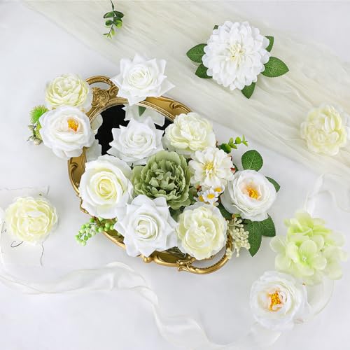 AmyHomie Green White Artificial Flowers Combo Silk Mix Peony Rose Fake Flowers w/Stem for DIY Wedding Bouquets Centerpieces Arrangements Table Fall Decor Party Bridal Baby Shower Home Decorations - color: Green White