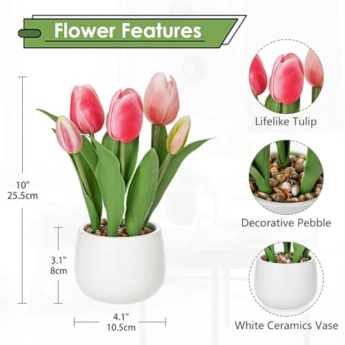 Hollyone Pink Tulips Artificial Flowers in Vase Fake Tulips Silk Flowers Arrangements Faux Tulip Bulbs with Ceramic Pot Tulip Potted Plants Floral Bouquet for Home Decor Table Centerpiece Decorations - color: Small - Pink