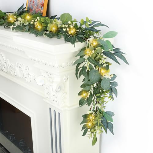 Artgar Eucalyptus Garland with Lights - 6 Ft Greenery Garland - Artificial Silver Dollar Olive Garlands, Spring/Summer Green Garlands for Indoor Outdoor Home Decor Wedding Arches Backdrops Table Decor - color: Eucalyptus Garland