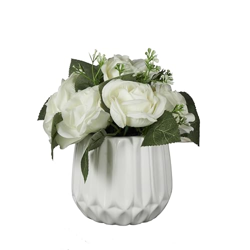Deco 79 Fabric Artificial Flower with Green Leaves and Round Ceramic Vase, 8" x 8" x 9", White - color: White, size: 8" x 8" x 9"