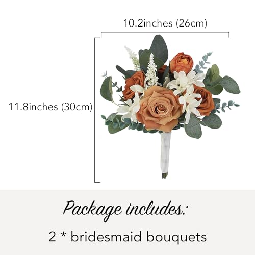 Rinlong Burnt Orange Bridesmaid Bouquet, Fall Wedding Bouquets, Terracotta | Silk Bridal Bouquet, Prom, Homecoming, Destination Friendly - color: 05-burnt Orange & Sage