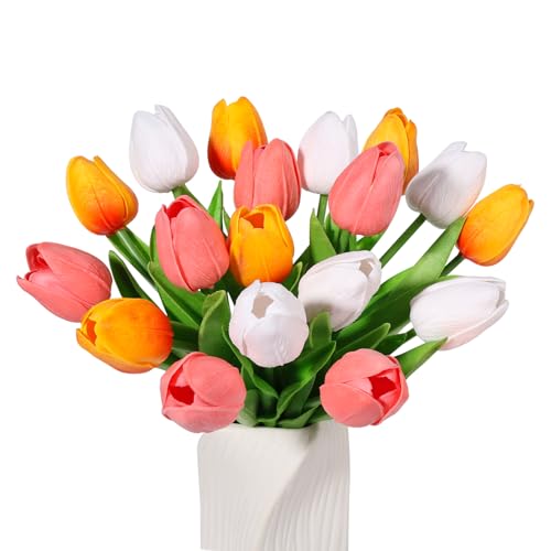 Beferr 18pcs Tulips Artificial Flowers Faux Tulip Real Touch Tulip Fake Flowers Bouquets Arrangements for Mothers Day Spring Easter Wedding Home Table Decor - color: C-18pcs-3colors-colorful-3, size: 18PCS