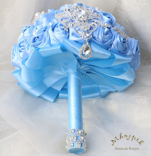 Bridal Wedding Bouquet Round Bling Brooch Bouquet Artificial Rose Flower Bunch for Bride Bridesmaid Wedding Quinceanera(Light Blue, 8.7") - color: Light Blue*, size: Medium (Dia. 8.7"/22cm)