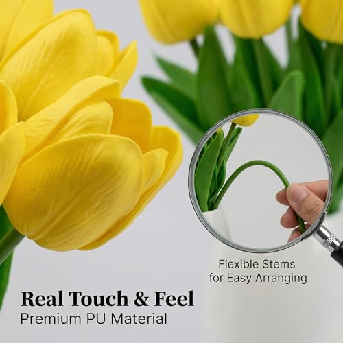 10 Stems Pink Real-Touch Artificial Tulips with Premium Glazed Ceramic Vase – Modern Farmhouse Table Centerpiece（ Premium Vase+Pink - color: Premium Vase+pink