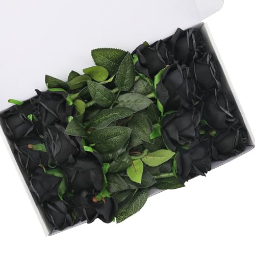 Black Fake Roses Artificial Flowers - 16 Pcs Fake Artificial Roses Silk Flowers with Stems for Home Wedding Hotel Office Centerpiece Decor - color: Black, size: 16 Pcs