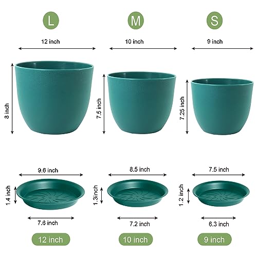 WSMKSZ Large Flower Pots 12/10/9 inch, Set of 3 Modern Decorative Plastic Planters with Drainage Holes and Saucers for House Plants, Plant Pots for Indoor Outdoor Plants, Blue Green - color: Blue-green, size: 12"+10"+9"