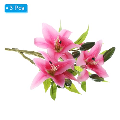 PATIKIL Lily Fake Flowers, 3PCS Lily Artificial Flowers Artificial Lily Silk Faux Flowers in Vase Real Touch for Home Decor Centerpiece Table Decorations Dining Room, Pink - color: Pink