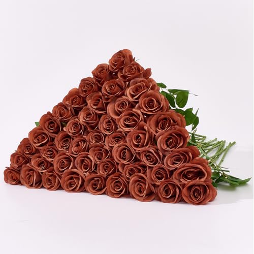 60 PCS Fake Burnt Orange Roses, Artificial Burgundy Flowers Bulk Realistic Silk Faux Rose with Stems for Wedding Decoration Anniversary Bridal Bouquet DIY Floral Arrangement Romantic Home Decor Gifts - color: Burnt Orange