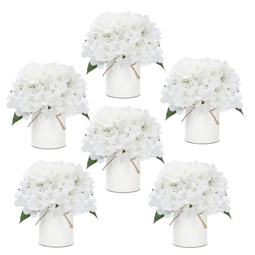 Flower Table Centerpieces - Set of 6 Floral Arrangement Artificial Wedding Hydrangeas Floral Arrangement with Rustic Metal Vase for Bridal Tea Party Event Decorations - White - color: White