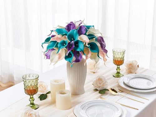 24 Pcs Artificial Calla Lily Flowers Colorful Fake Silk Flowers Real Touch for Wedding Bouquet Office Home Kitchen Decor - color: White-pink-teal-purple