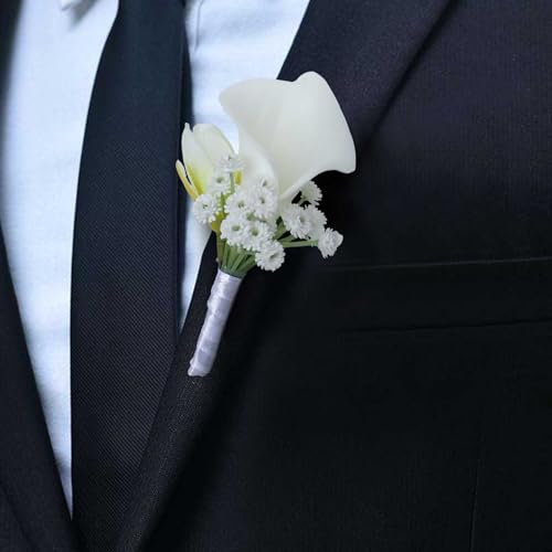 Artificial White Calla Lily Boutonniere for Men Groom Groomsmen Artificial Calla Lily Boutonniere for Wedding Party Prom Homecoming Ceremony Anniversary White Calla Lily Boutonniere - color: White Calla Lily Boutonniere