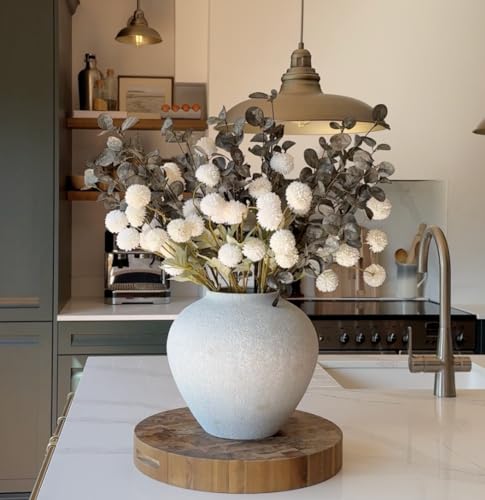 Laelfe 10 Kiku Artificial Flowers + 5 Large Eucalyptus Branches, Silk Fake White Flowers Pompon Mums (Ball Flower Stems) - Decor for Home, Centerpieces & Shower Arrangements(Vase not Included) - color: 10 Kiku+5 Eucalyptus