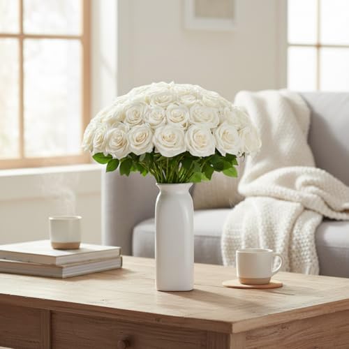 100 Pcs White Rose Artificial Flowers Bulk, Ivory Silk Fake Roses with Long Stem for Wedding Decoration, Bridal Bouquets, DIY Flower Wall, Party Table Centerpieces, Home Decor - color: Ivory