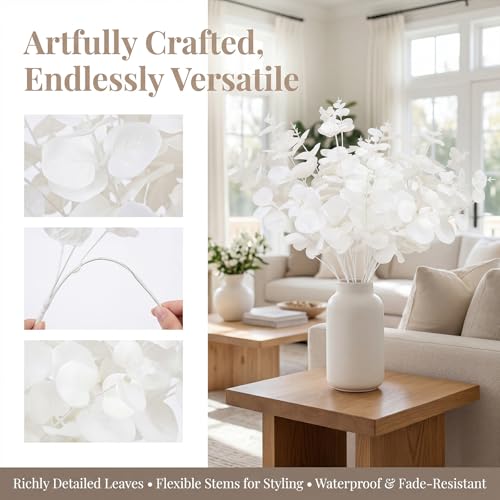 GREENTIME 2 Pack White Eucalyptus Stems with 20 Branches 18.5'' Artificial Flower Bouquet for Vase Wedding Table Centerpiece Decor - color: White - Eucalyptus Stems