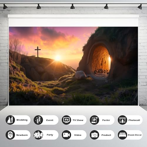Empty Tomb Backdrop Sunrise Jesus Tomb Resurrection of Jesus Backdrop Holy Light Easter Background Rebirth of Jesus Bible Story Church Sanctuary Decor Crosses Jesus Christ Background 5x3ft - color: Black_Yellow, size: 5x3ft