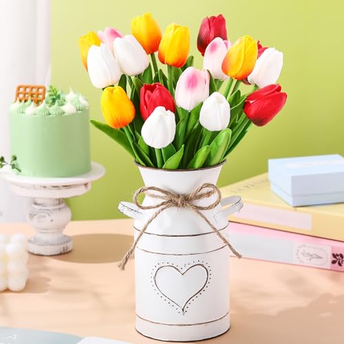 Uiifan 19 Pcs Spring Easter Centerpieces for Tables Home Office Decoration 18 Fake Artificial Tulip Flower Faux Realistic PU Bouquet with 1 Metal Pot Vase for Wedding Baby Shower(Elegant Color) - color: Elegant Color