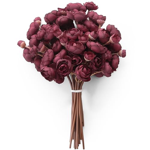 Floroom Ranunculus Artificial Flowers 18 Pcs Burgundy Faux Silk Mini Ranunculus Bulk Fake Wedding Filler Flowers for DIY Red Bouquets, Centerpieces, Bridal Shower Decorations & Arrangements - color: Burgundy