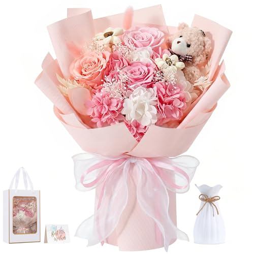 Lewondr Preserved Flowers Bouquet with Bear, 3 Real Forever Flowers for Delivery, Long-Lasting Pink Eteranl Roses Bouquet, Anniversary Birthday Gifts for Girlfriend Best Friend Women Mom Her Wife - color: Dusty Pink