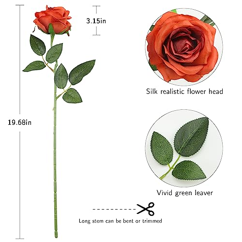 Tifuly Orange Roses Artificial Flowers -12 Pcs Long Stem Silk Roses, Realistic Fake Roses with Stem for Bridal Bouquets, Home and Office DIY Decor - color: Orange