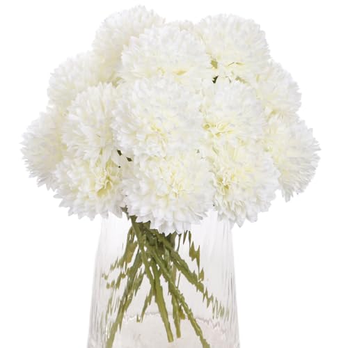 Kimura's Cabin 20Pcs Fake Chrysanthemum Artificial Flowers Silk Faux Mums Flower with Stem Ball Flowers for Wedding Party DIY Bouquets Arrangements Home Table Core Decoration Vase Fillers(White) - color: White Color