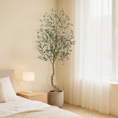 Artificial Olive Trees, 6 Ft Indoor Outdoor Fake Potted Silk Plant Faux Olive Tree with Trunk and Fruits, Artificial Tree Large Olive Plants for Living Room Home House Office Decor