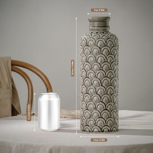 Ceramic Flower Vase, 13.98" Large Rustic Farmhouse Decorative Vase for Home Decor, Gray Textured Pottery Vase for Pampas Grass, Living Room, Entryway, Mantel, Kitchen Table - color: 102-grey