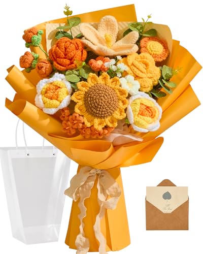 Alecono Large Crochet Flower Bouquet, Knitted Flowers, Artificial Sunflower Crochet as a Gift for Valentines Day Lover Anniversary Graduation (Orange) - color: Orange, size: X-Large