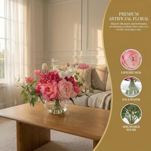 Artificial Flowers in Vase, WELL KNOWN Silk Hydrangea Bouquet and Peonies Artificial Flowers Table Centerpieces with Faux Water for Home Decor Fake Tulips Flower Arrangements for Table Decor (Fuchsia) - color: Mix Peony-fuchsia