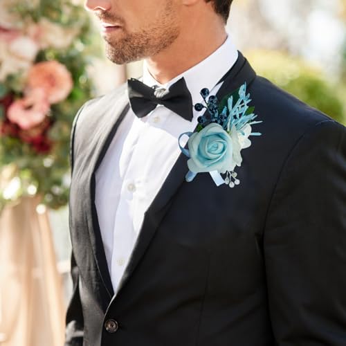 Corsage and Boutonniere Set for Bride Groom Bridesmaids Groomsmen Wedding Homecoming Flowers Prom Suit Accessories, Rose Boutonniere and Wrist Corsage Flower - color: Blue