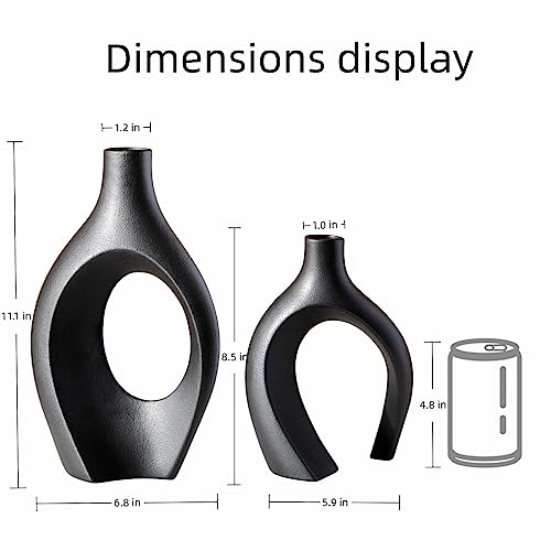 Levvohd XL Black Ceramic Vase Set of 2 for Modern Home Decor, Neutral Boho Round Donut Pampas Grass Vases, Nordic Aesthetic Vase, for Living Room Coffee Table Fire Place Book Style Shelf (H 11.1") - color: Black - Xl Round