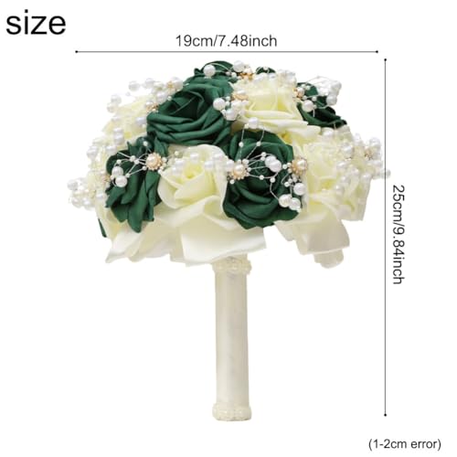 Round Green Ivory Artificial PE Rose Bouquet with Pearl and Rhinestone for Bridal Toss and Bridesmaids Suit for Wedding Party - color: Green Pearls