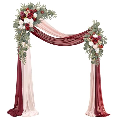 Muhanjia Artificial Wedding Arch Flowers Kit(Pack of 4),2Pcs Artificial Flower Arch Decor, 2Pcs Chiffon Fabric Drapes, Ceremony Decoration, Floral Outdoor Party Decor (Burgundy & Blush) - color: Burgundy & Blush