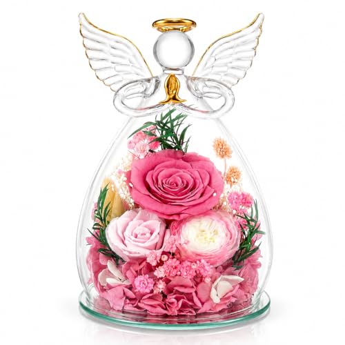 Preserved Rose in Glass Angel Figurine, Mothers Day Gifts for Mom/Wife/Grandma, Forever Flowers Rose Anniversary, Graduation or Birthday Gifts for Women Her - color: Pink