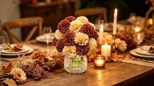 20Pcs Champagne Coffee Artificial Chrysanthemum Ball Hydrangea Silk Fake Flowers for Bridal Wedding Bouquet Home Garden Party Decor - color: Champagne Coffee，20pcs
