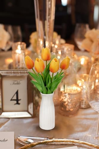 Briful 2 Packs Faux Flowers Artificial Tulips with Ceramic Vase, Poly Foam Orange Tulips Real Touch Flower Arrangement for Home Kitchen Wedding Centerpiece Decoration - color: Orange