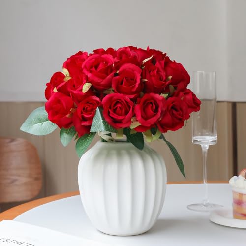 Jasion Artificial Roses Fake Flowers 12 Heads Arrangement Silk Bouquet for Home Office Parties Bridal and Wedding Decoration Without Vase (Red) - color: Red New