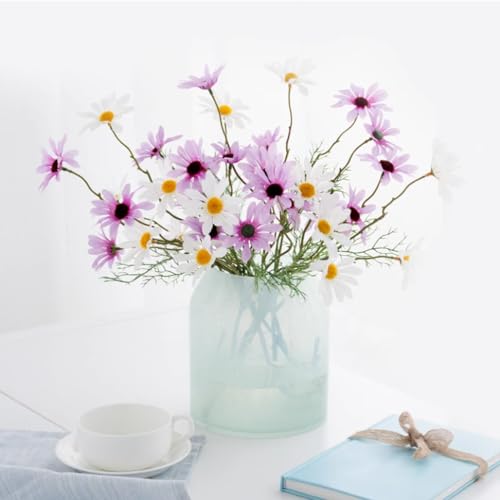 NatureMan Artificial Flowers 12 Bundles Artificial Silk Daisy UV Resistant Outdoor Fake Wildflowers with Stems Daisy Arrangements for Home Hotel Office Garden Decoration (White, Purple) - color: White , Purple