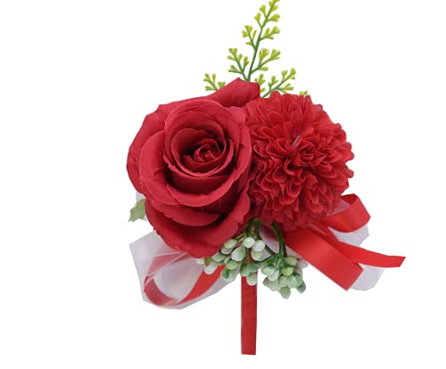Rikyo 2 Pack Flower Wrist Corsage Boutonniere Set,3" Artificial Rose and Carnation Handmade Silk Flower for Wedding Flowers Accessories Prom Suit Decor (Red) - color: Red
