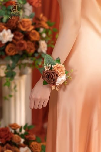 TINGE TIME Set of 2 Wrist Corsage Bracelets Pearl Wristlet Band Bridesmaid Bracelet for Wedding Ceremony Bridal Shower Wedding Artificial Flower Prom (Terracotta) - color: Terracotta