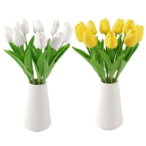 20 Stems Real Touch Artificial Tulips with 2 Elegant Ceramic Vases, Faux Tulip Arrangement, Spring Table (Yellow & White with 2 vases) - color: Yellow & White With 2 Vases
