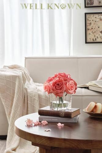 WELL KNOWN Rose Artificial Flowers in Vase with Faux Water, Silk Rose Table Centerpieces for Home Coffee Table Decor, Bean Pasty Pink Fake Rose Flower Arrangement for Wedding Office Hotel & Mom's Gift - color: Bean Pasty Pink